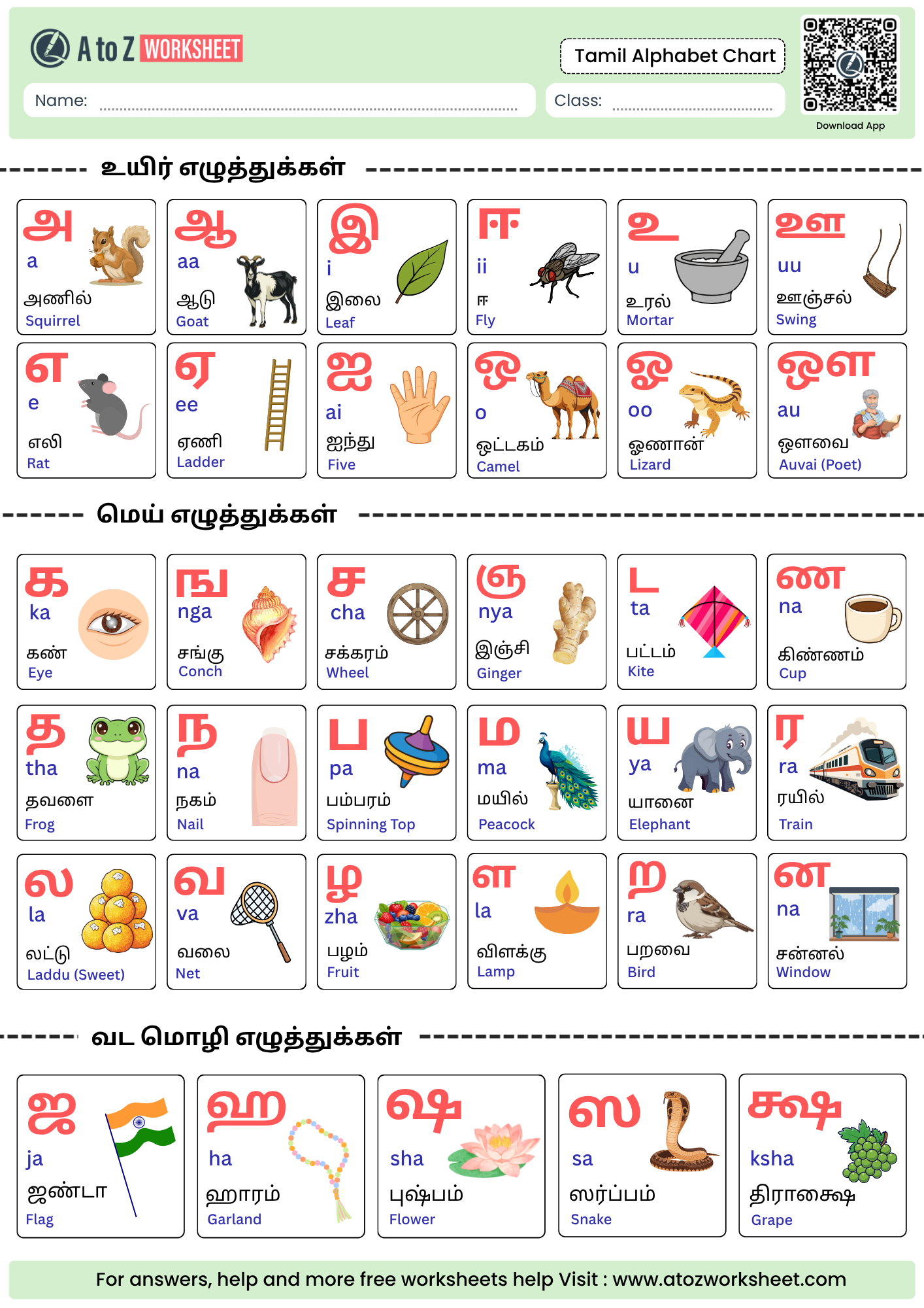 Tamil Alphabet Chart Worksheets