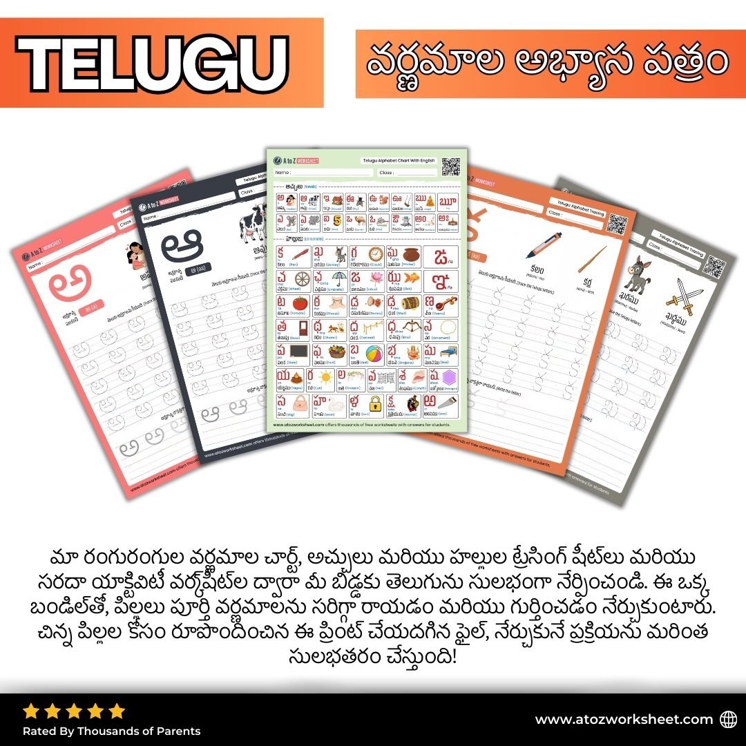 Printable Telugu Alphabet Worksheets PDF with Colorful Chart and Pictures
